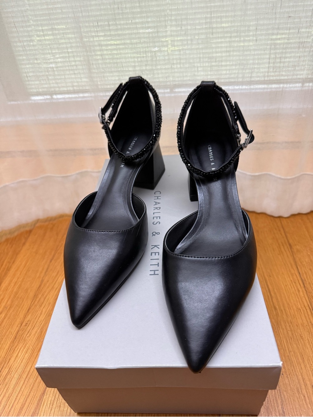 Charles & Keith Black Beaded Ankle Strap D'Orsay Pumps Size 7 Low Heel
